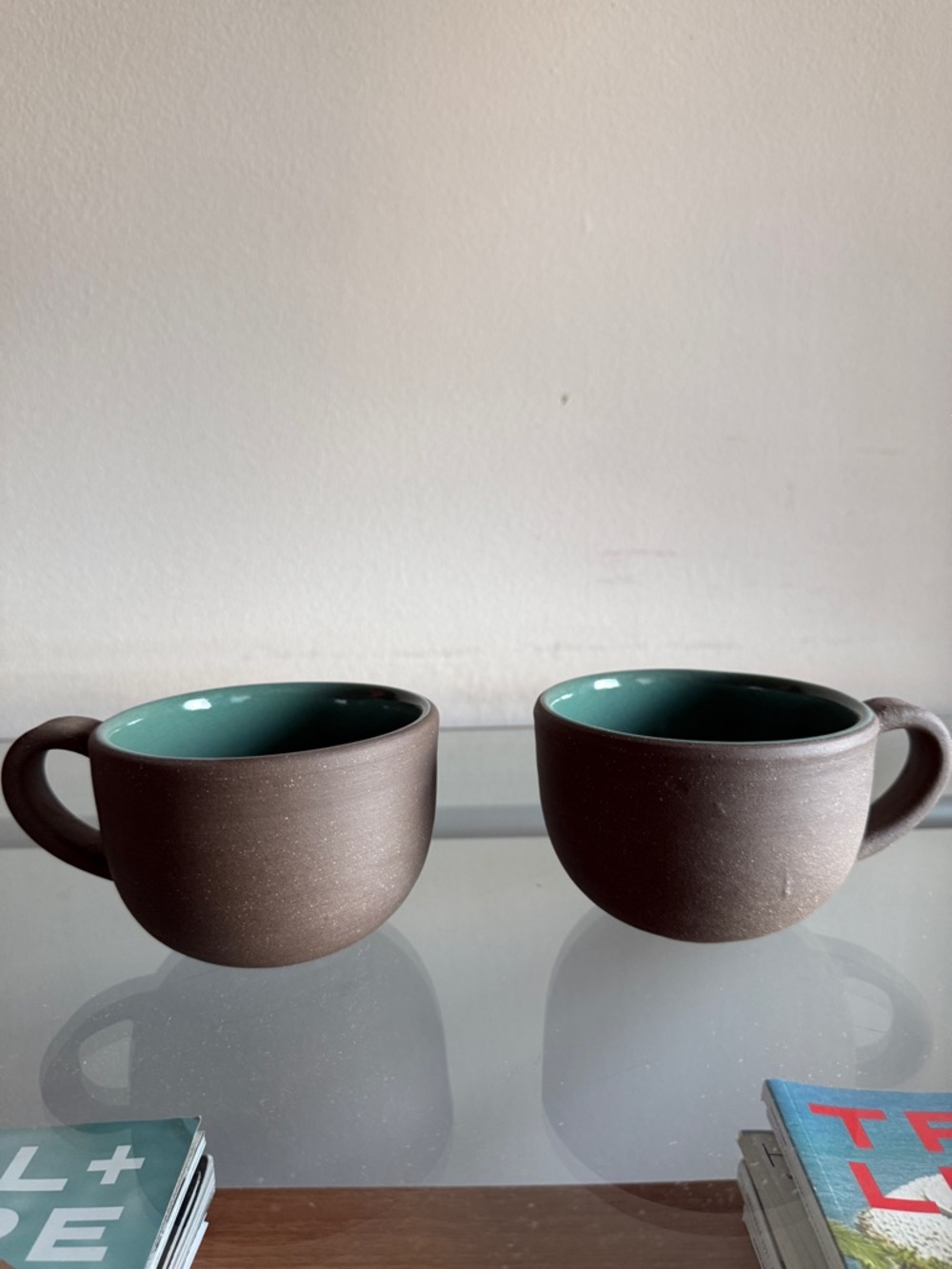 Matte Brown Ceramic Coffee Mugs with Teal Interior - Set of 2